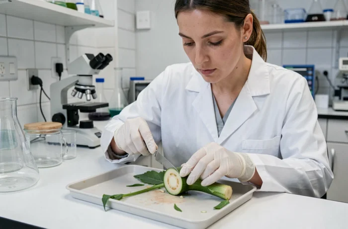 Enseignante en biologie réalisant une coupe transversale sur une tige végétale dans un laboratoire universitaire