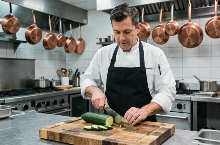 Chef cuisinier réalisant des coupes longitudinales et transversales sur une courgette dans une cuisine professionnelle
