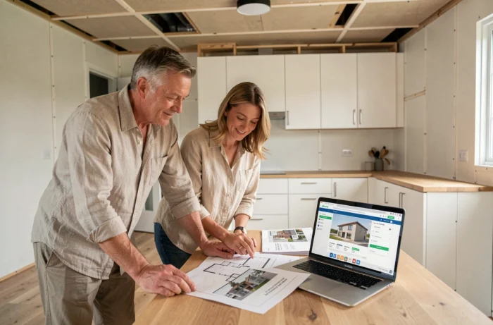 Couple étudiant les plans d'un logement modulaire autour d'une table dans une maison préfabriquée