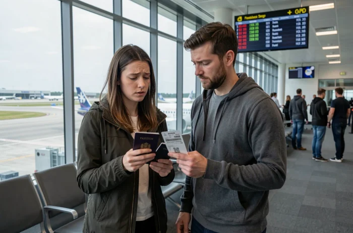 Couple dans le salon d'embarquement d'un aéroport vérifiant les passeports et cartes d'embarquement avant le vol