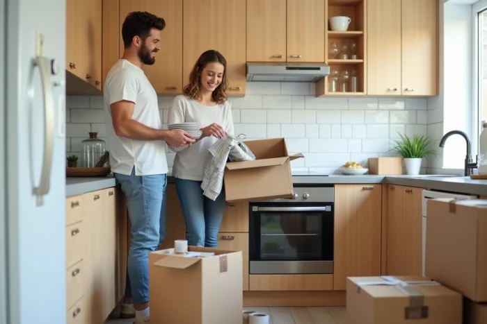 Couple déballant la vaisselle dans une cuisine moderne lors de leur installation après déménagement