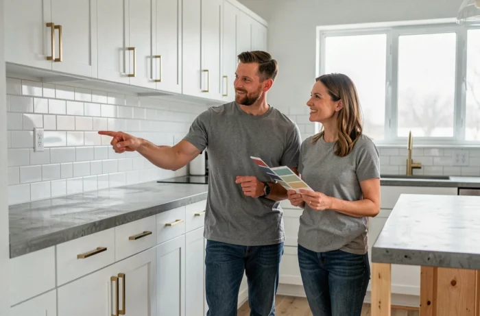 Couple choisissant les finitions dans une cuisine rénovée avec carrelage métro et armoires blanches