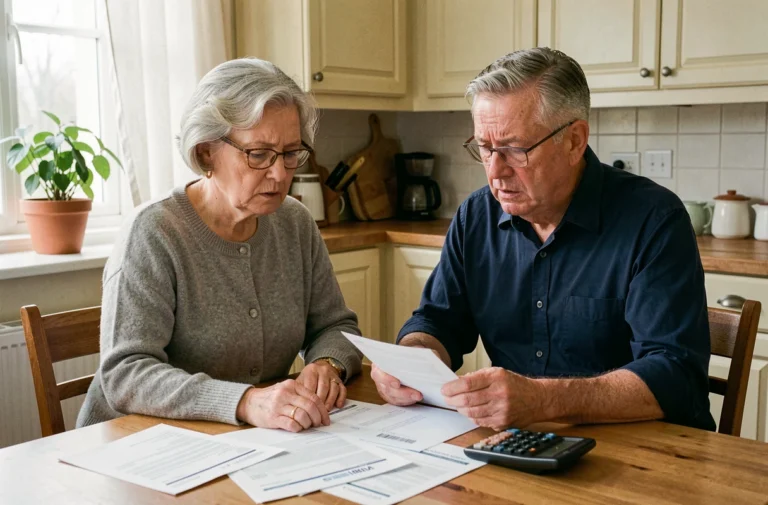 Couple de retraités examinant des documents financiers liés à la baisse de leur pension en 2026