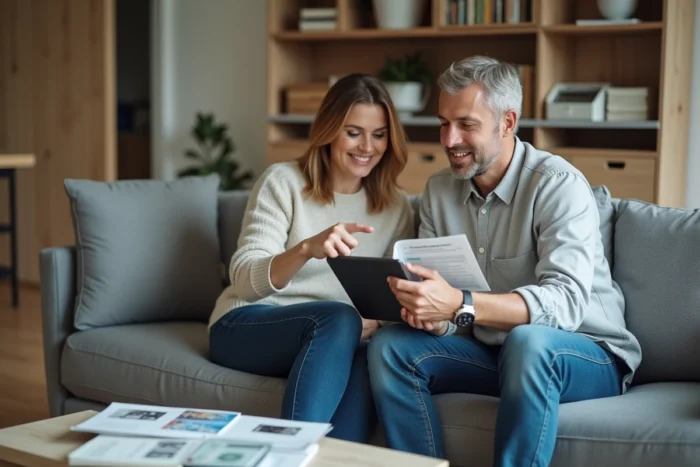Couple consultant un simulateur de crédit à la consommation sur une tablette dans leur salon pour financer un projet commun