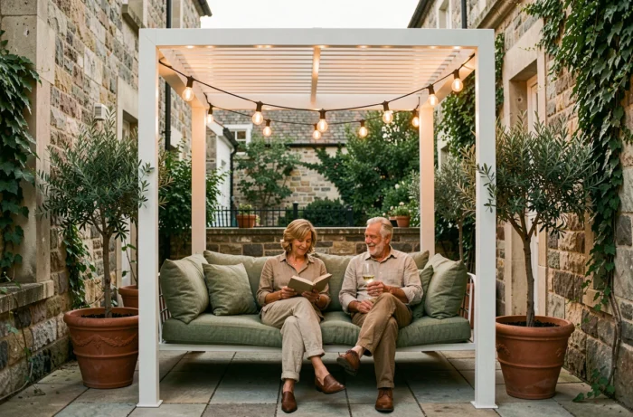 Couple se relaxant sous une pergola aluminium 4x3 blanche sur une terrasse urbaine avec plantes méditerranéennes et guirlande lumineuse