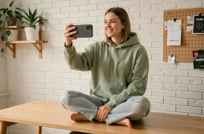 Créatrice de contenu filmant une vidéo avec son smartphone dans un studio maison minimaliste au décor épuré