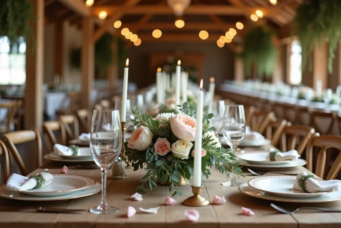 Décoration de table de réception de mariage rustique avec des pivoines, des bougies dorées et de la vaisselle élégante dans une grange rénovée
