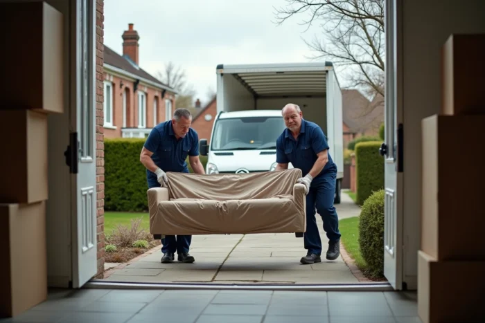 Deux déménageurs professionnels transportant un canapé emballé vers un camion devant une maison