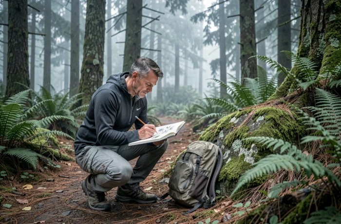 Homme dessinant des plantes dans un carnet de nature au milieu d'une forêt verdoyante lors d'une randonnée