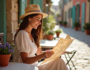 Femme consultant une carte de voyage en terrasse de café méditerranéen, destination estivale ensoleillée