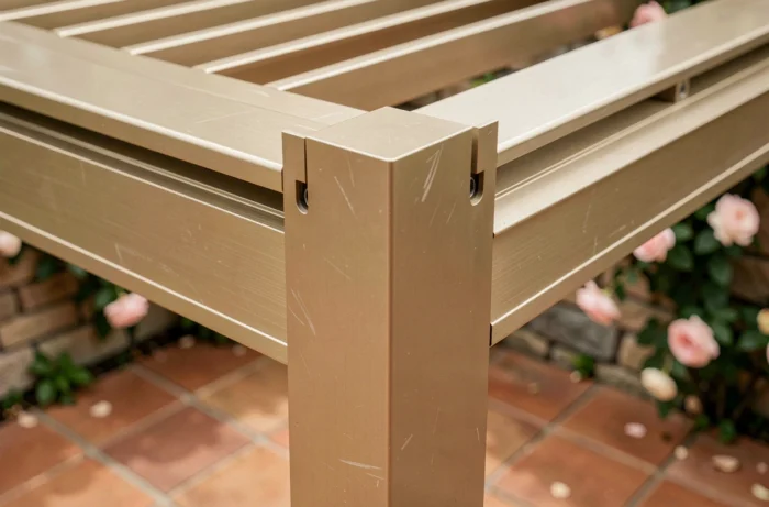 Détail de structure de pergola aluminium avec lames orientables et assemblage de qualité en finition champagne