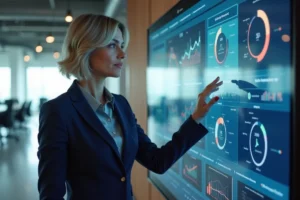 Dirigeante d'entreprise analysant des tableaux de bord numériques sur un écran tactile dans un bureau moderne pour optimiser la gestion via la transformation digitale