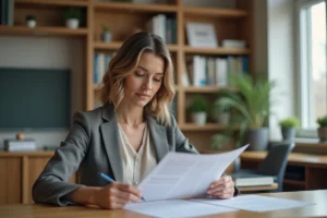 Enseignante en reconversion professionnelle consultant des documents de carrière dans un bureau scolaire moderne
