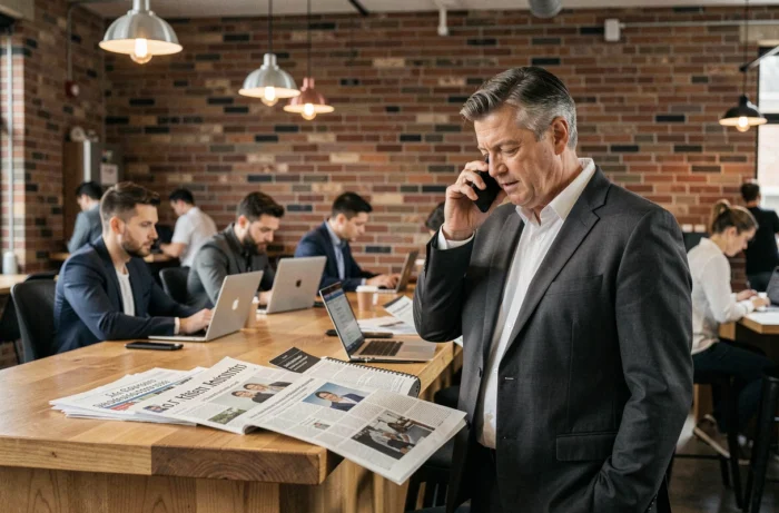 Entrepreneur concentré lisant les actualités business dans un espace de coworking urbain tout en téléphonant