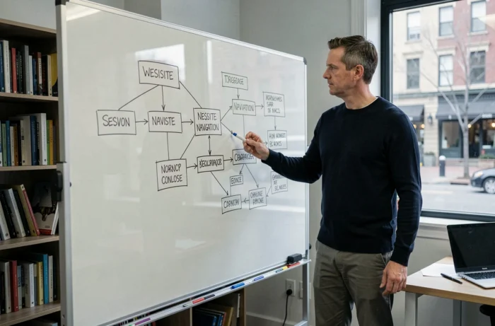 Entrepreneur masculin présentant une structure de navigation de site web sur un tableau blanc dans un bureau de startup