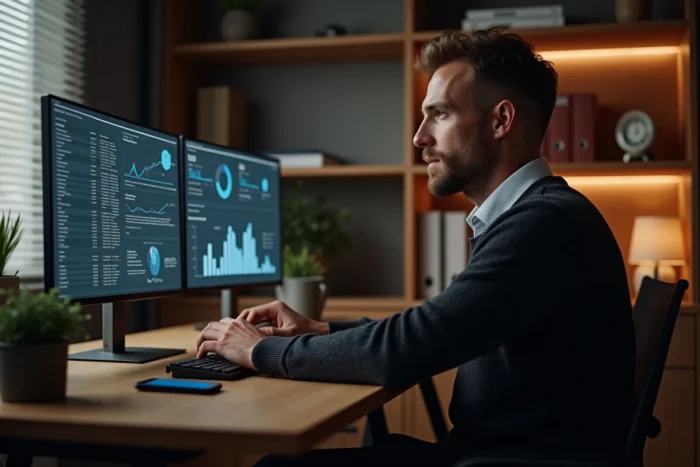 Entrepreneur en télétravail gérant son entreprise grâce à des logiciels ERP cloud sur un double écran dans un bureau à domicile moderne, illustrant la transformation digitale intelligente