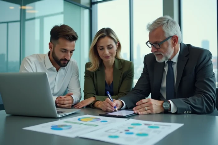 Équipe de professionnels collaborant autour d'outils numériques et de logiciels de gestion automatisée lors d'une réunion stratégique en salle de conférence moderne