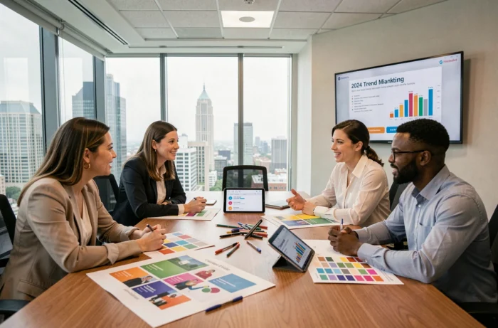 Équipe marketing multiculturelle en réunion autour d'une table de conférence discutant des tendances 2024