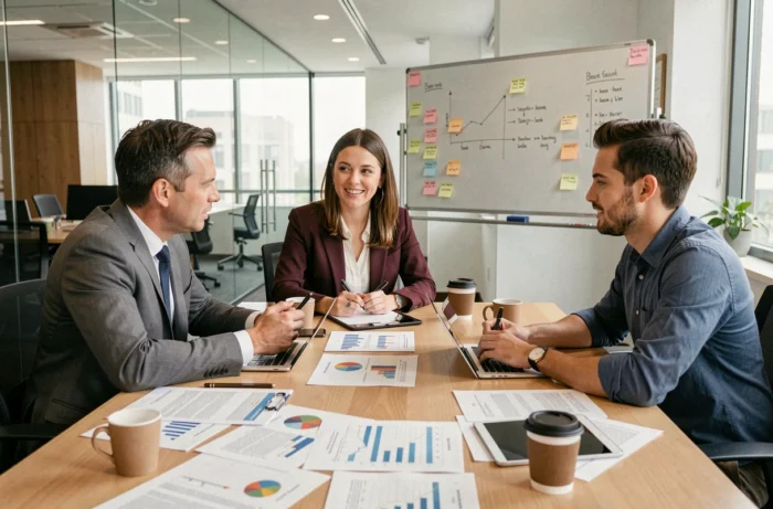 Équipe de professionnels en réunion stratégique autour d'une table de conférence avec des rapports et des tablettes