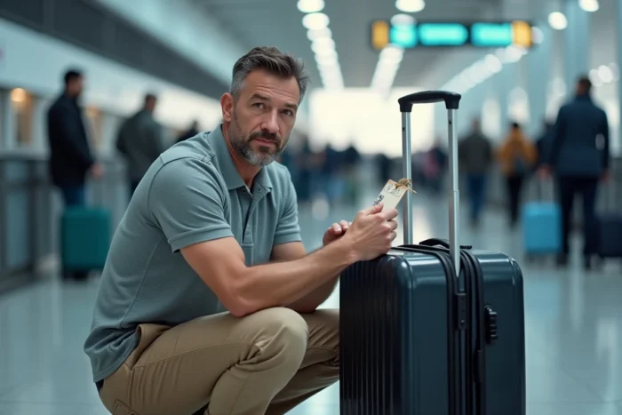 Homme comparant des étiquettes valise imprimées devant ses bagages dans un hall d'aéroport avant l'enregistrement