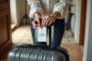 Femme attachant une étiquette valise imprimée sur sa valise rigide dans un couloir de maison avant un voyage