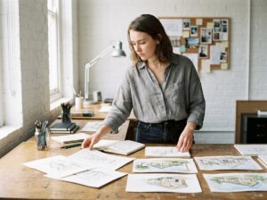 Étudiante en design préparant son dossier artistique sur une table de studio avec croquis et aquarelles