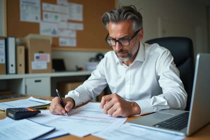 Comptable fiscaliste vérifiant l'exonération de plus-value sur la résidence principale lors d'une vente post-divorce