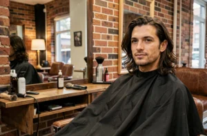 Homme aux extensions de cheveux naturelles assis dans un fauteuil de barbershop moderne, reflet dans un miroir