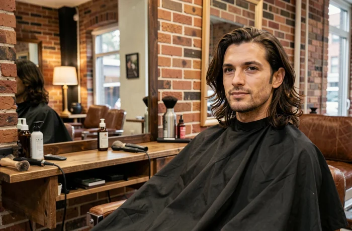 Homme aux extensions de cheveux naturelles assis dans un fauteuil de barbershop moderne, reflet dans un miroir