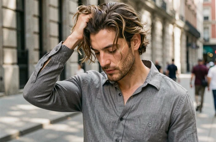 Jeune homme avec extensions de cheveux ondulés en extérieur dans une rue urbaine, style décontracté naturel