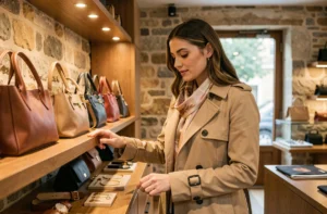 Femme élégante en trench coat beige découvrant des accessoires de mode dans une boutique parisienne chic