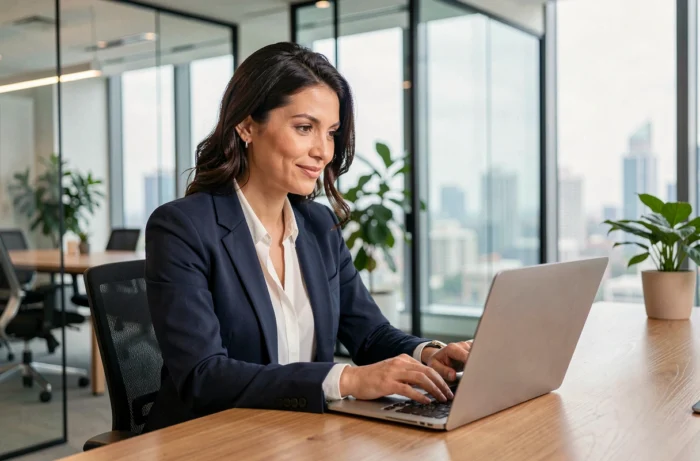 Femme d'affaires analysant des données sur un ordinateur portable dans un bureau moderne et lumineux