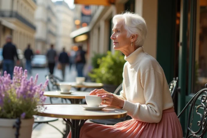 Femme de 75 ans chic et féminine en jupe midi rose à la terrasse d'un café parisien