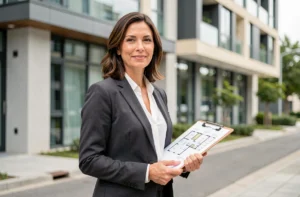 Femme ambitieuse en blazer tenant des plans immobiliers devant un immeuble moderne en ville