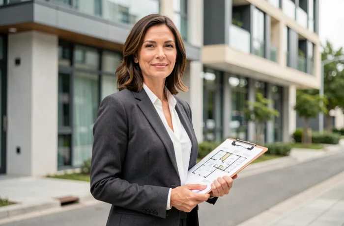 Femme ambitieuse en blazer tenant des plans immobiliers devant un immeuble moderne en ville
