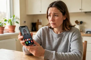 Femme tenant un smartphone affichant un numéro de téléphone inconnu lié à une commande Amazon, expression d'inquiétude légère dans une cuisine domestique
