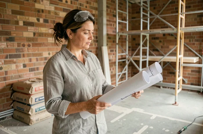 Femme architecte examinant des plans de rénovation dans un salon en chantier avec murs en briques apparentes