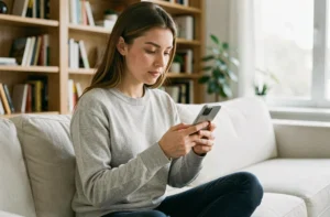 Jeune femme consultant sa consommation Orange sur smartphone depuis son canapé