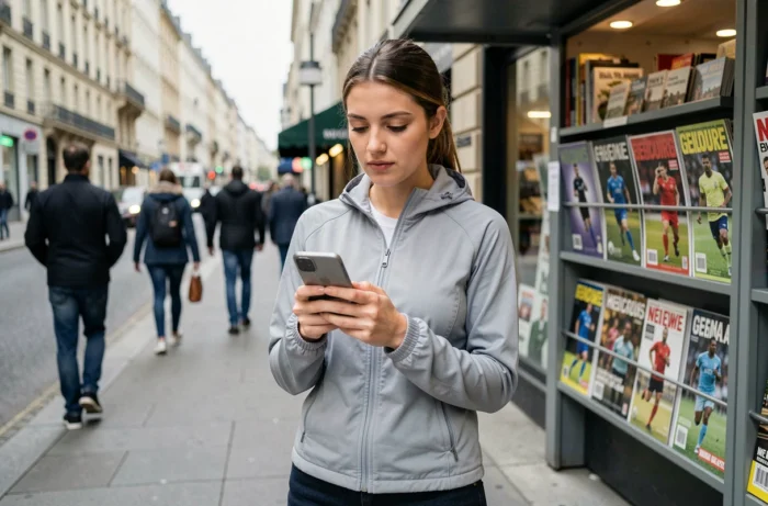 Jeune femme consultant les rubriques sportives sur son smartphone dans une rue animée de la ville