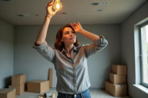 Femme qui dévisse une ampoule LED lors d'un déménagement dans un appartement vide