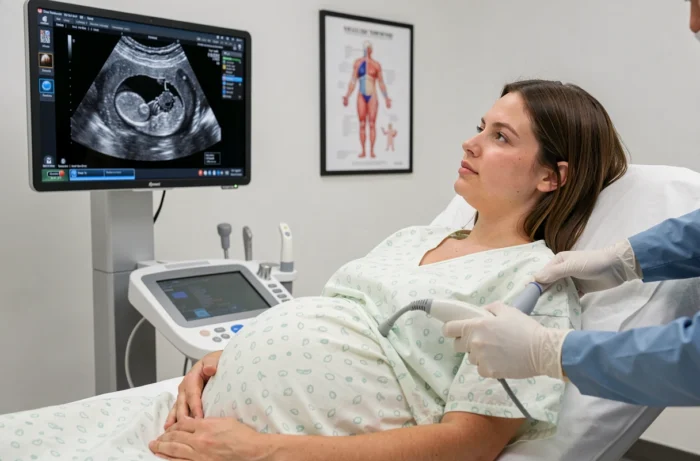 Femme enceinte lors d'une échographie prénatale observant l'image de son sac gestationnel à 5 semaines