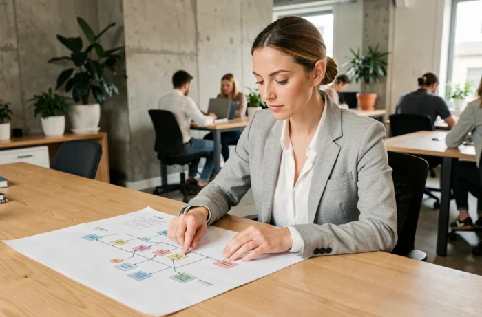 Femme entrepreneur analysant un plan de site et une carte organisationnelle dans un espace de coworking moderne