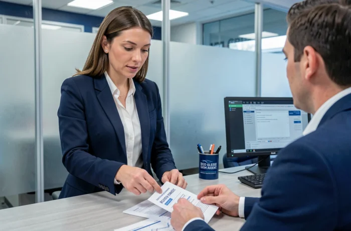 Femme cadre en entretien bancaire pour obtenir un prêt immobilier de 200 000 euros sur 20 ans