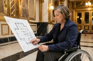 Femme en fauteuil roulant consultant le plan du Grand Rex pour repérer les emplacements accessibles PMR