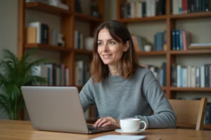 Femme suivant une formation professionnelle en ligne depuis son bureau à domicile, concentrée sur son ordinateur portable