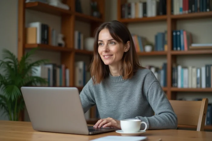 Femme suivant une formation professionnelle en ligne depuis son bureau à domicile, concentrée sur son ordinateur portable