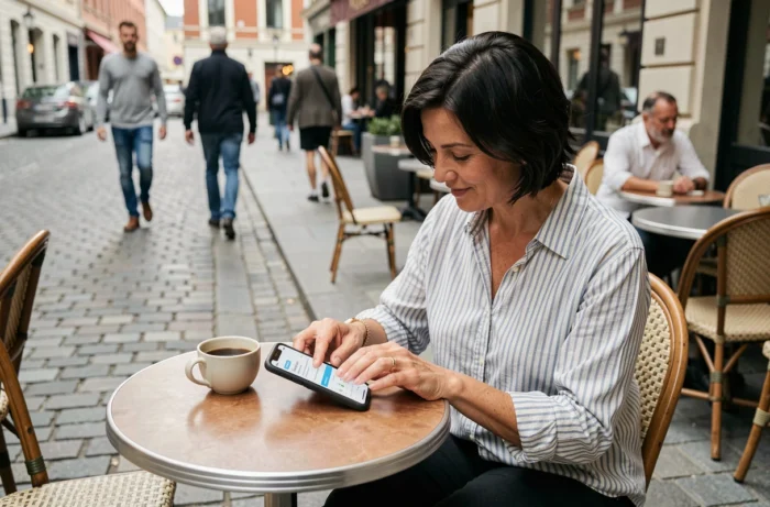 Femme gérant sa consommation Orange en ligne depuis un café en terrasse avec son mobile