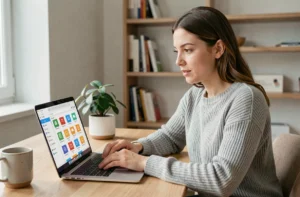 Femme utilisant Google Drive sur un ordinateur portable dans un bureau à domicile moderne