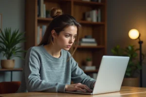 Femme consultant son historique de commandes Amazon sur un ordinateur portable dans un bureau à domicile