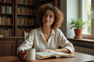 Femme lisant la Bible avec une expression contemplative dans une bibliothèque chaleureuse et intimiste